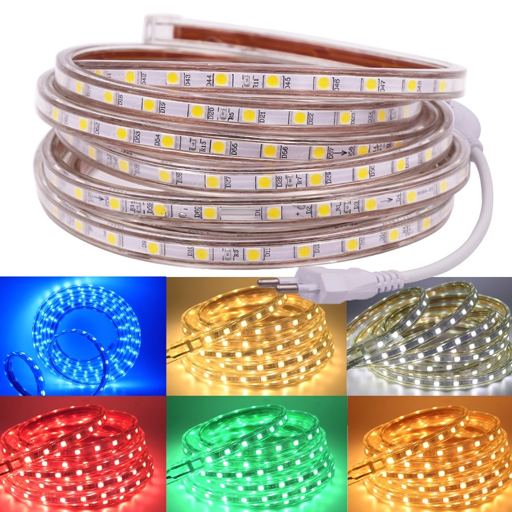 ไฟ LED Strip 220V 2835 พร้อมปลั๊ก EU, โคมไฟเทปยืดหยุ่นกันน้ําสําหรับการตกแต่งในร่มและกลางแจ้ง