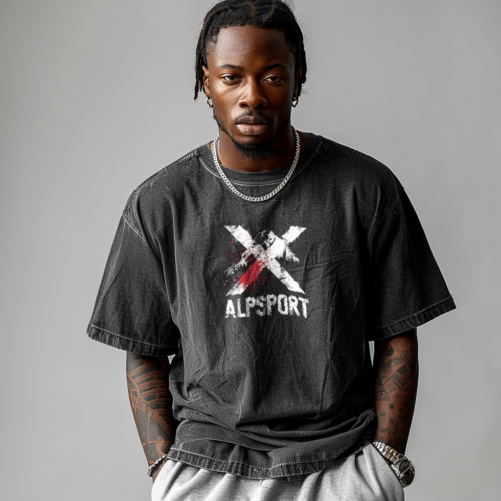 Alp X-ALPSPORT Oversize Men เสื้อยืดสีดํา 100% ผ้าฝ้ายแท้ American High Street Retro Distressed สไตล