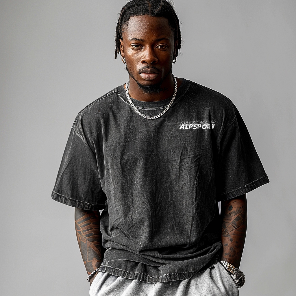 Alp ALPSPORT Oversize Men เสื้อยืดสีดํา 100% ผ้าฝ้ายแท้ American High Street Retro Distressed สไตล์ 