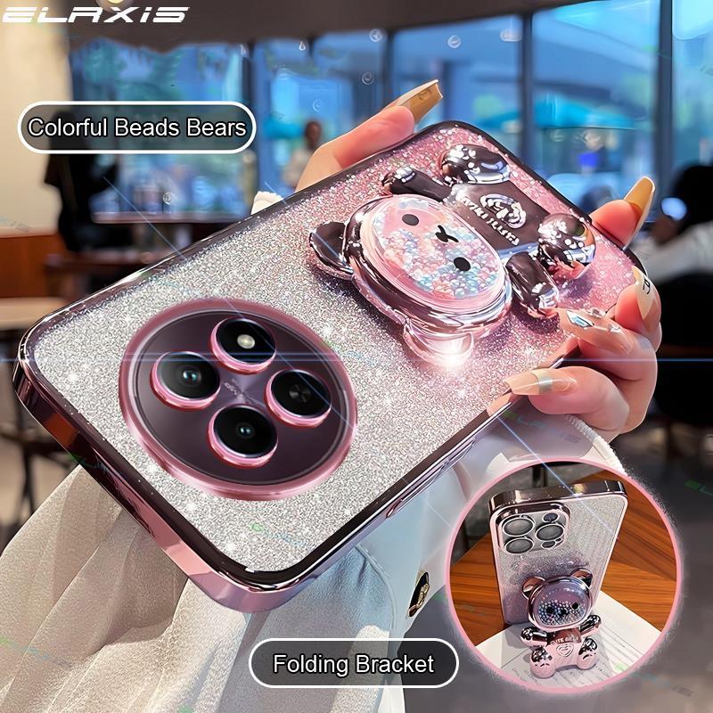 Elaxis สําหรับ Realme 12 5G/Realme 12X 5G เคสโทรศัพท์บรรเทาความเครียดที่มีสีสันลูกปัดหมีพับฝาครอบ Gradual Glitter Soft TPU ปลอก ES002