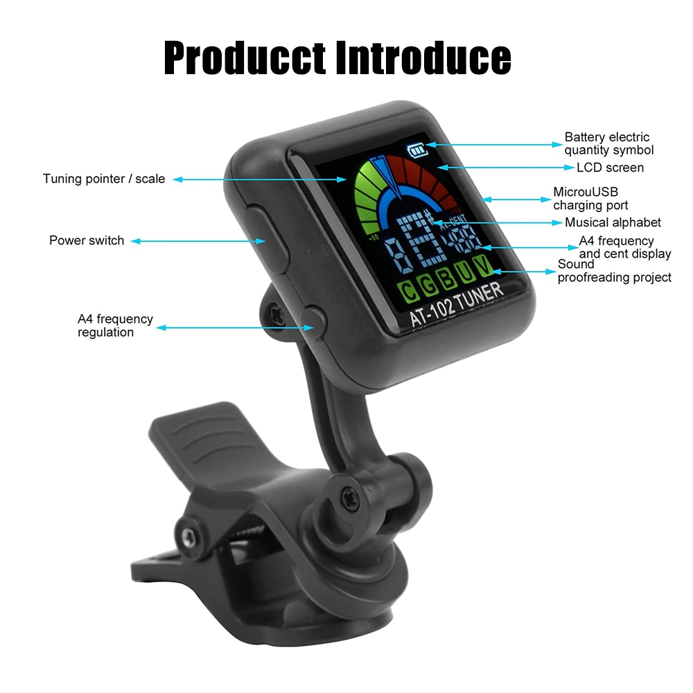 Aroma AT - 102 แบบชาร์จไฟได้  จูนเนอร์อิเล็กทรอนิกส์ แบบคลิปหนีบ พร้อมแบตเตอรี่ในตัว สําหรับกีตาร์ เบส อูคูเลเล่ ไวโอลิน - รูปที่ 2