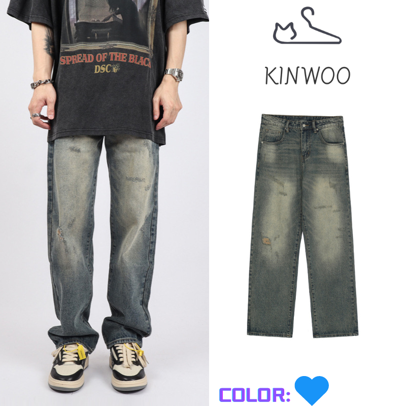 KINWOO กางเกงยีนขากว้าง ทรงหลวม ขนาดใหญ่ สีเทา สไตล์วินเทจ อเมริกัน สําหรับผู้ชาย ไซซ์ M - 3XL