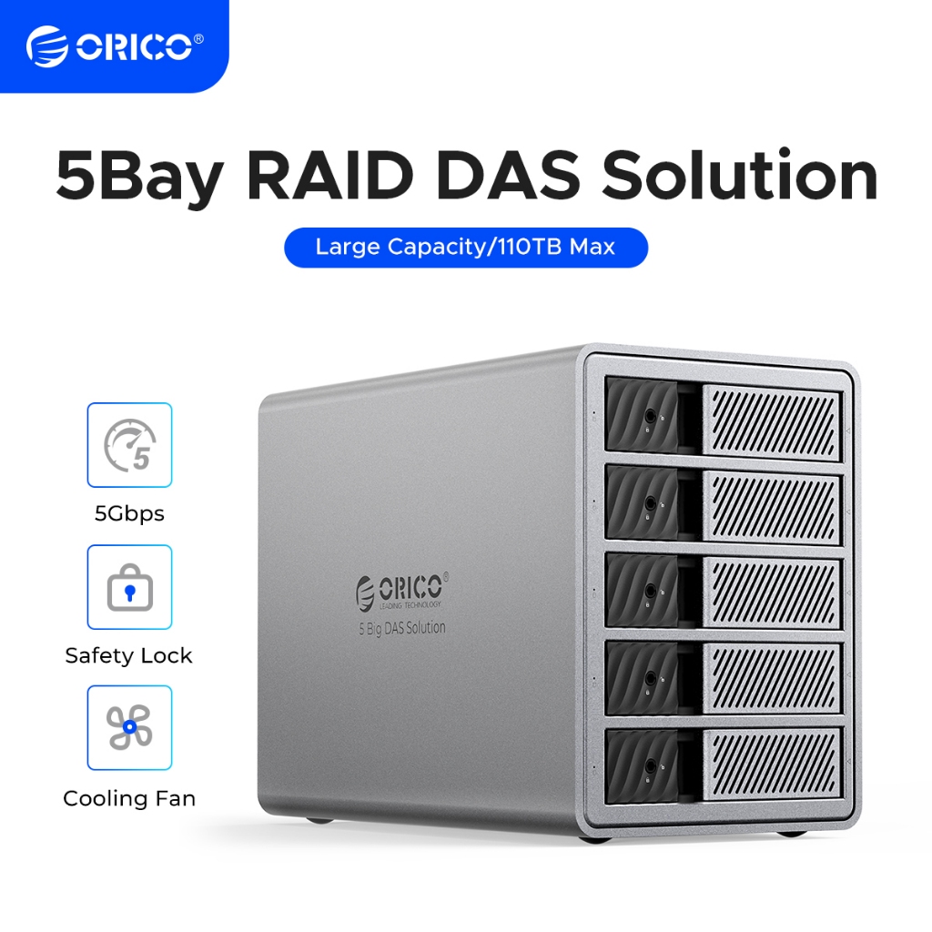 Orico 5 Bay 3.5 "ฮาร์ดดิสก์ไดรฟ์อลูมิเนียม USB3.0 5Gbps DAS พร้อม RAID 150W Power Build-in พัดลมระบา