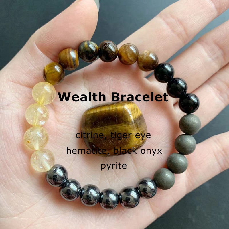 เงินความมั่งคั่งสร้อยข้อมือ Citrine ลูกปัด Tiger Eye Stone ข้อมือเครื่องประดับ Pyrite สีดํา Onyx Hem