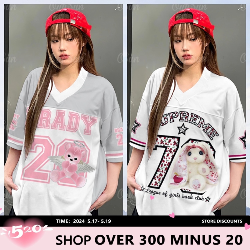 เสื้อยืดลําลอง คอวี ผ้าโพลีเอสเตอร์ พิมพ์ลายตัวอักษร สไตล์เกาหลี แฟชั่นฤดูร้อน สําหรับสตรี