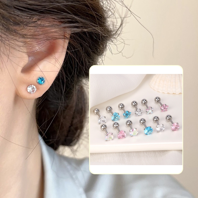 1คู่ ต่างหูเหล็กไทเทเนียม G23 ต่างหูเซอร์โคเนียมสตาร์สีสันสดใส ต่างหูเจาะทรากัส