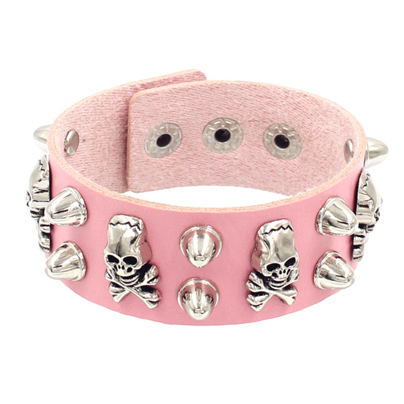 ใหม่สีชมพู Skull Punk ผู้ชาย Gothic Goth Spike Rivet สร้อยข้อมือผู้หญิงสาวของขวัญ PU หนังสร้อยข้อมือ