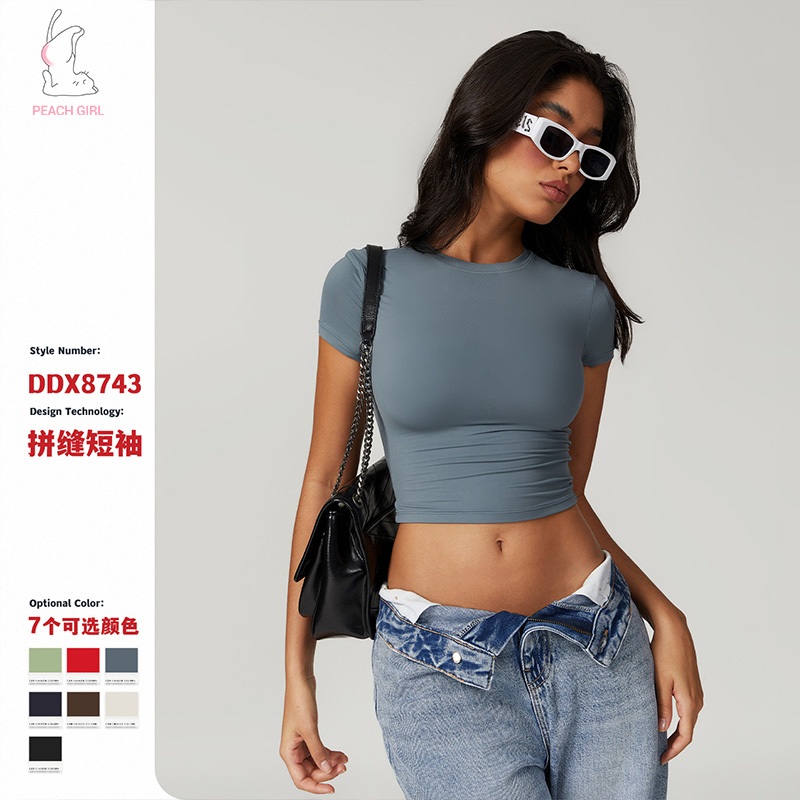 โยคะ Casual All-Match Skinny Quick-Drying Fitness Top YOGA สวมใส ่ วิ ่ งพิลาทิสกีฬาเสื ้ อยืดแขนสั ้ น 8743