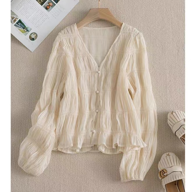 สไตล ์ เกาหลีผู ้ หญิงสุภาพสตรีหลวมชีฟองคอวีจีบเสื ้ อแขนยาวเสื ้ อ Baju Baju Wanita Lengan Panjang