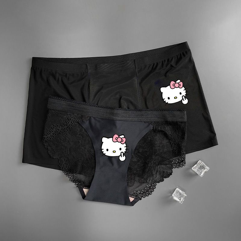 2 ชิ้นคู่ชุดชั้นในกางเกงชุดการ์ตูน Hello Kitty ผ้าไหมน้ําแข็ง Breathable ชาย Boxer Matching สีเดียวกันผู้หญิงลูกไม้กางเกงนุ่มฤดูร้อนสบายงานแต่งงานครบรอบของขวัญ S