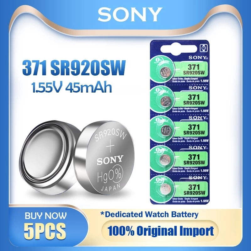 5pcs Sony 371 SR920SW AG6 LR920 370A LR69 SR920 SR69 1.55V 45mAh เงินออกไซด์เครื่องคิดเลขนาฬิกาแบตเตอรี่ MADE IN JAPAN