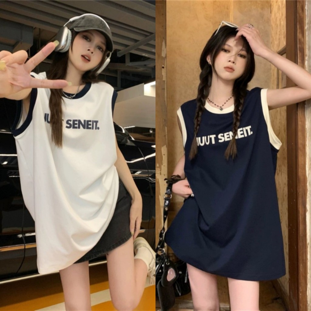 สไตล์เกาหลี เสื้อกล้าม พิมพ์ตัวอักษร ไม่จํากัดเพศ ขนาดใหญ่หลวมแขนกุดบาสเกตบอลเสื้อยืดแฟชั่นอเมริกันย้อนยุคสตรีทเสื้อกั๊กสําหรับผู้ชายและผ