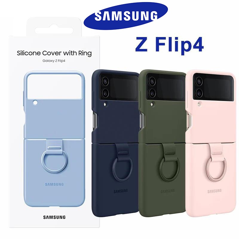 Original Samsung Galaxy Z Flip 4 พร้อมแหวนซิลิโคนเหลวฝาหลังสําหรับ Galaxy Z Flip4 zflip4 เคสโทรศัพท์