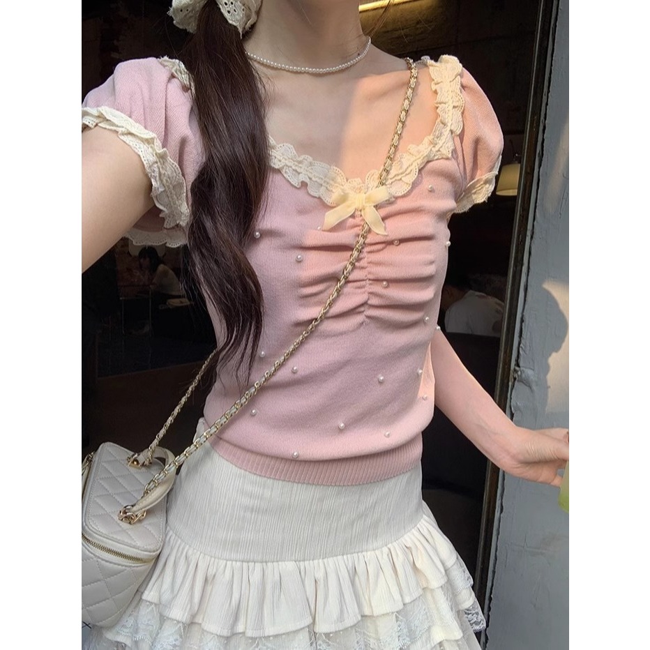 [ Banko ] เสื ้ อยืดถักแขนสั ้ นผู ้ หญิงโบว ์ สีชมพูสําหรับผู ้ หญิงฤดูร ้ อน