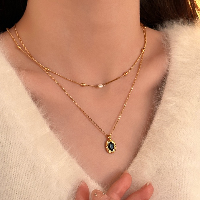 สร้อยคอสเตนเลส ทอง 18K จี้สองชั้น สีดํา สไตล์เรียบง่าย