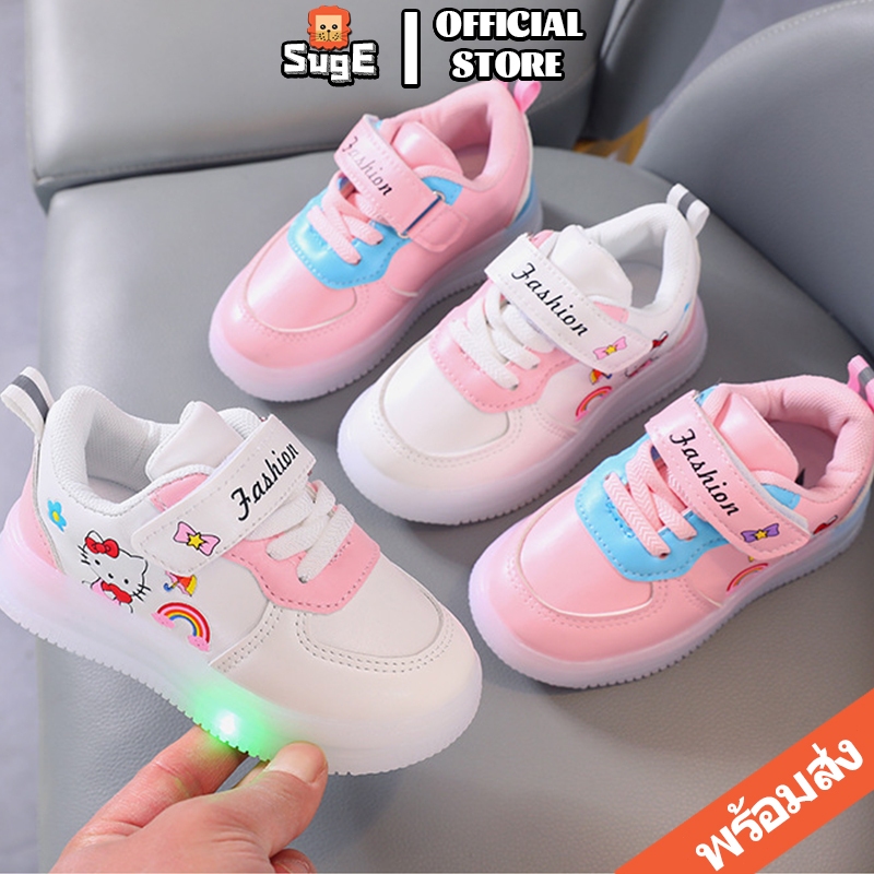SUGE รองเท้าเด็กมีไฟ รูปแบบการ์ตูน สีขาว รองเท้าเด็กผู้หญิง เจ้าหญิง