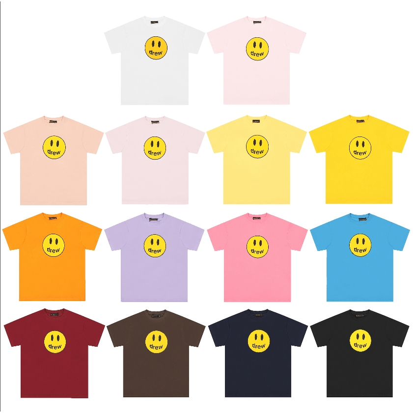 Street Wear All-Match Top Smiley Face Pattern นําเข ้ าเยื ่ อสีพิมพ ์ หลวมคอกลมสั ้ น @