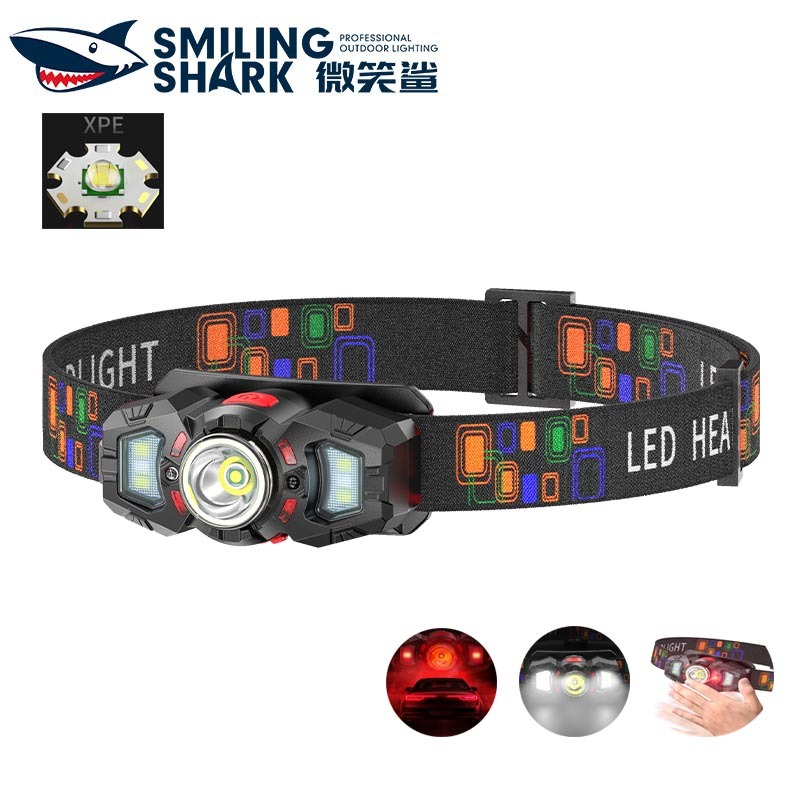 SmilingShark TD0178 ไฟฉายคาดหัว LED ไฟหน้าเซนเซอร์ สีขาวสีแดง ไฟฉายคาดหัว Type-C ชาร์จใหม่ได้ 6 โหมดกันน้ำสำหรับตั้งแคมป์กลางแจ้งเดินป่าวิ่งตกปลา