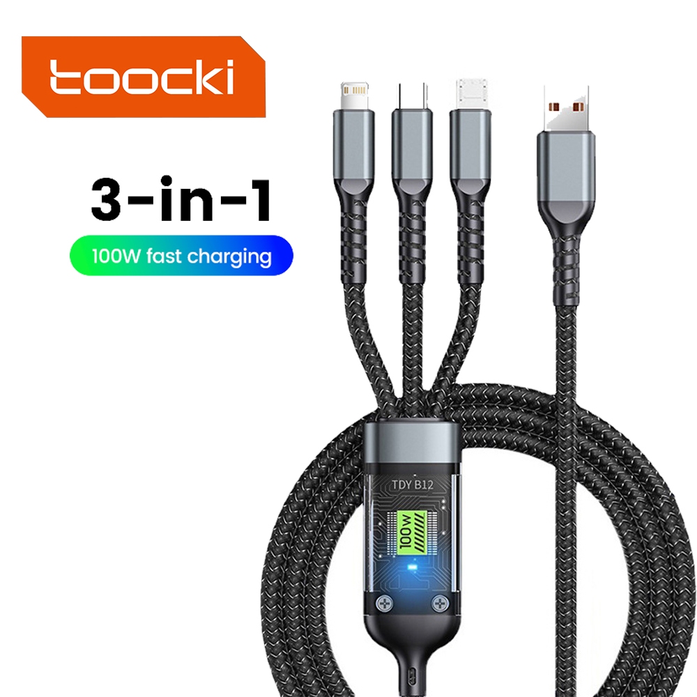 Toocki 100W 6A 3 in 1 Fast สายชาร์จ Micro USB Type C สายชาร์จโทรศัพท์มือถือ USB C Data Cable 1.2M USB lOS สายชาร์จพร้อมไฟ LED