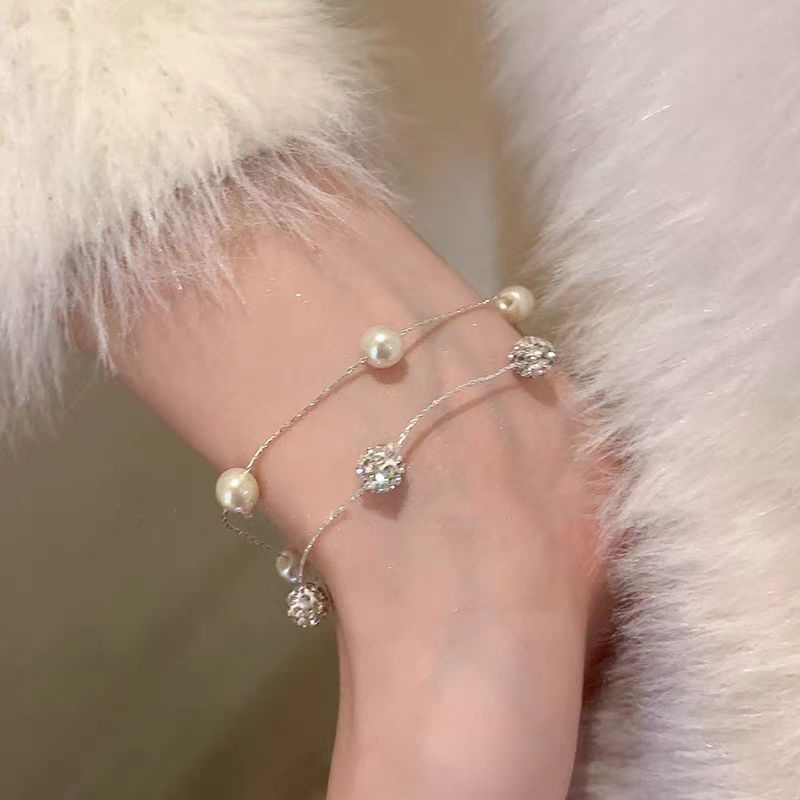 แฟชั ่ นเกาหลีเพชรสร ้ อยข ้ อมือมุกสองชั ้ นผู ้ หญิงสีเงินอินของขวัญวันเกิดนักเรียนดี