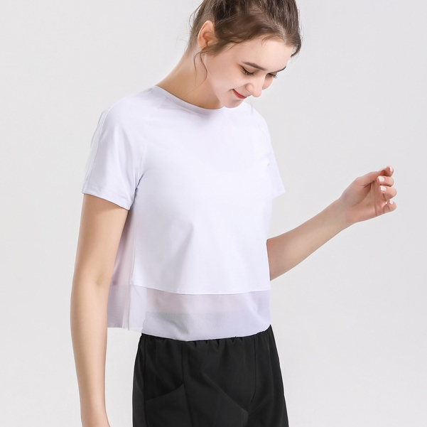 เสื้อกีฬาโยคะ ฟิตเนส วิ่ง แขนสั้น ผ้าโปร่ง ระบายอากาศ แห้งเร็ว สําหรับผู้หญิง