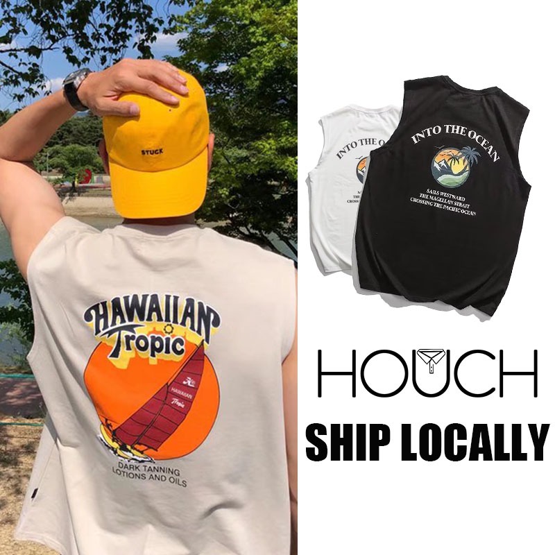 Houch พร้อมส่ง COD เสื้อกั๊กแขนกุด เสื้อกั๊กชายหาดพิมพ์ลาย