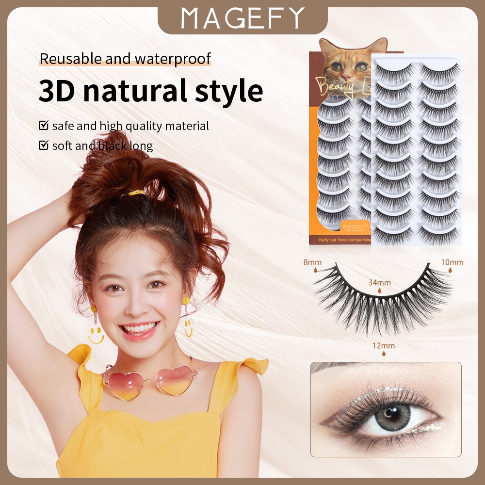 MAGEFY 10 คู ขนตาปลอม แต่งหน้า ขนตา อ่อนนุ่ม ธรรมชาติ ขนตาปลอม 3D ขนมิงค์ ขนตา ขนตาปลอม แบบหนา เจ้าหญิงบาร์บี้