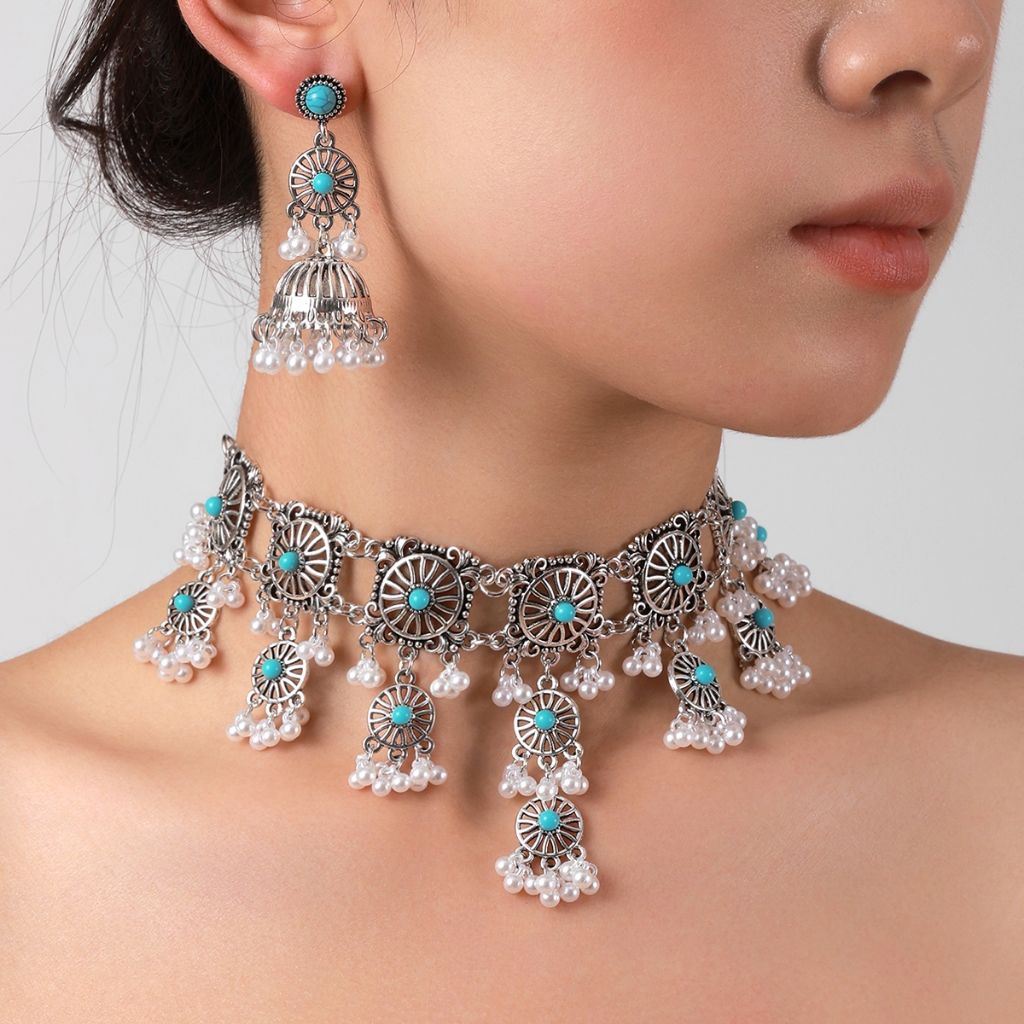 Bohemian Hollow ดอกไม้สีเงินต่างหูสร้อยคอชุดผู้หญิง Vintage Tassels ลูกปัดสีฟ้าจี้มุกเครื่องประดับของขวัญแต่งงาน