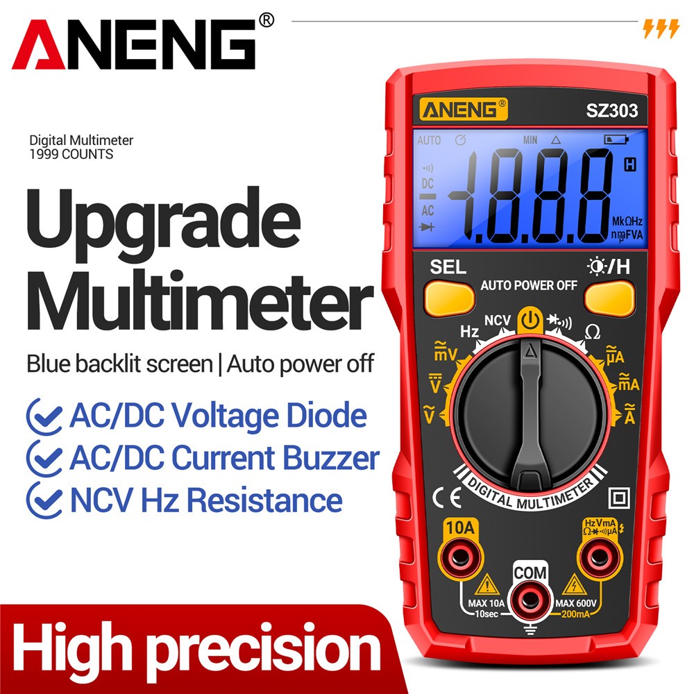 Aneng SZ303 มัลติมิเตอร์ 1999 นับดิจิตอล AC/DC แรงดันไฟฟ้าความต้านทานปัจจุบันความแม่นยําสูง Professional เครื่องทดสอบไฟฟ้าเครื่องมืออื่นๆ