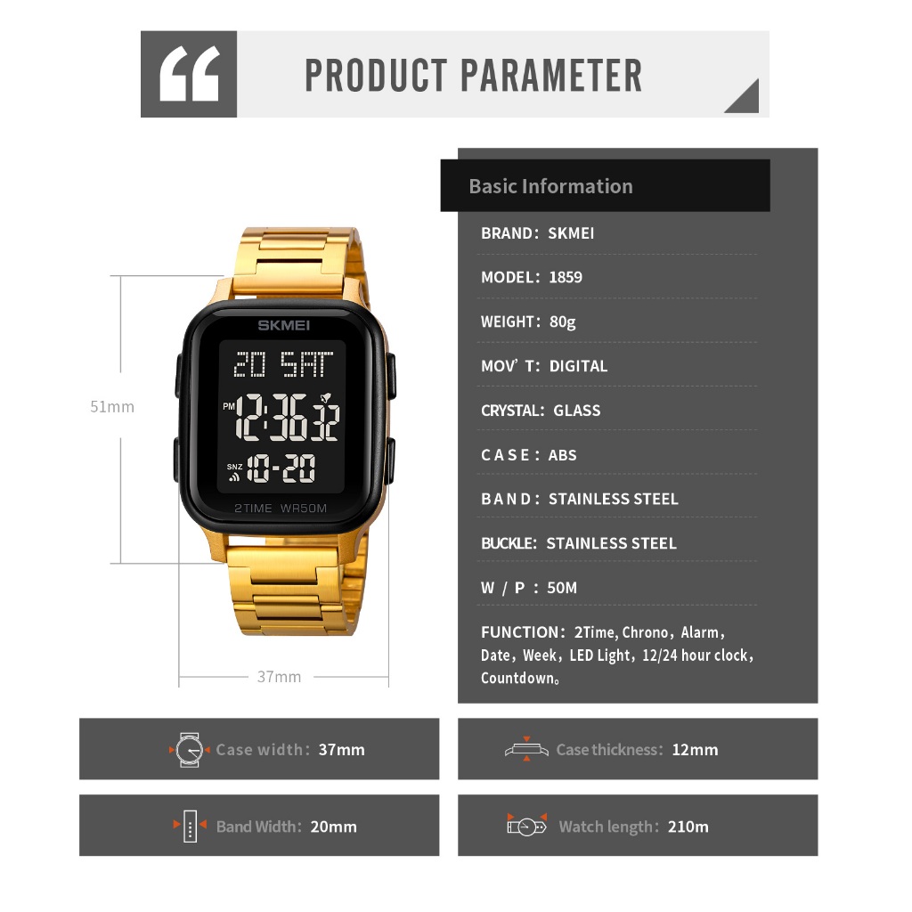 Skmei 1859 แฟชั ่ นผู ้ ชายนาฬิกากีฬาอิเล ็ กทรอนิกส ์ กันน ้ ําสแตนเลส Band Square นาฬิกานักเรียน 1858