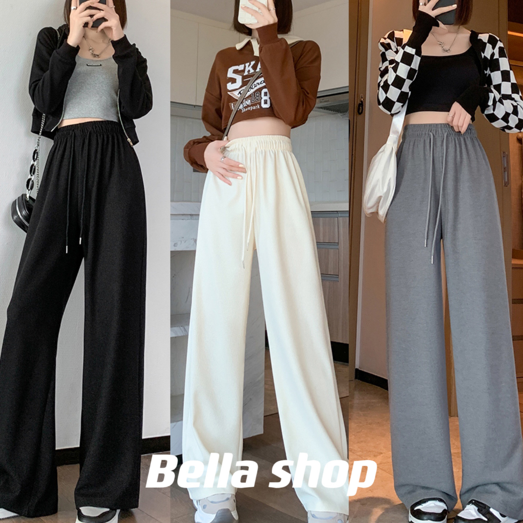 Bella shop กางเกงขายาวสีดำ ทรงหลวมลำลอง กางเกงสไตล์เกาหลี ผ้าใส่สบาย