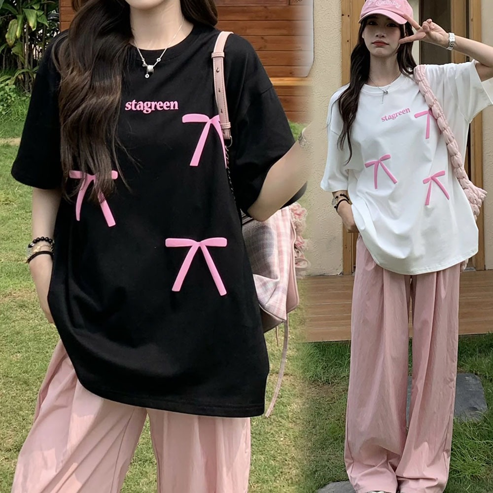 Luna shop🍒เสื้อยืดผู้หญิงสีขาว OVERSIZE ดีไซน์โบว์น่ารัก น่ารักมาก