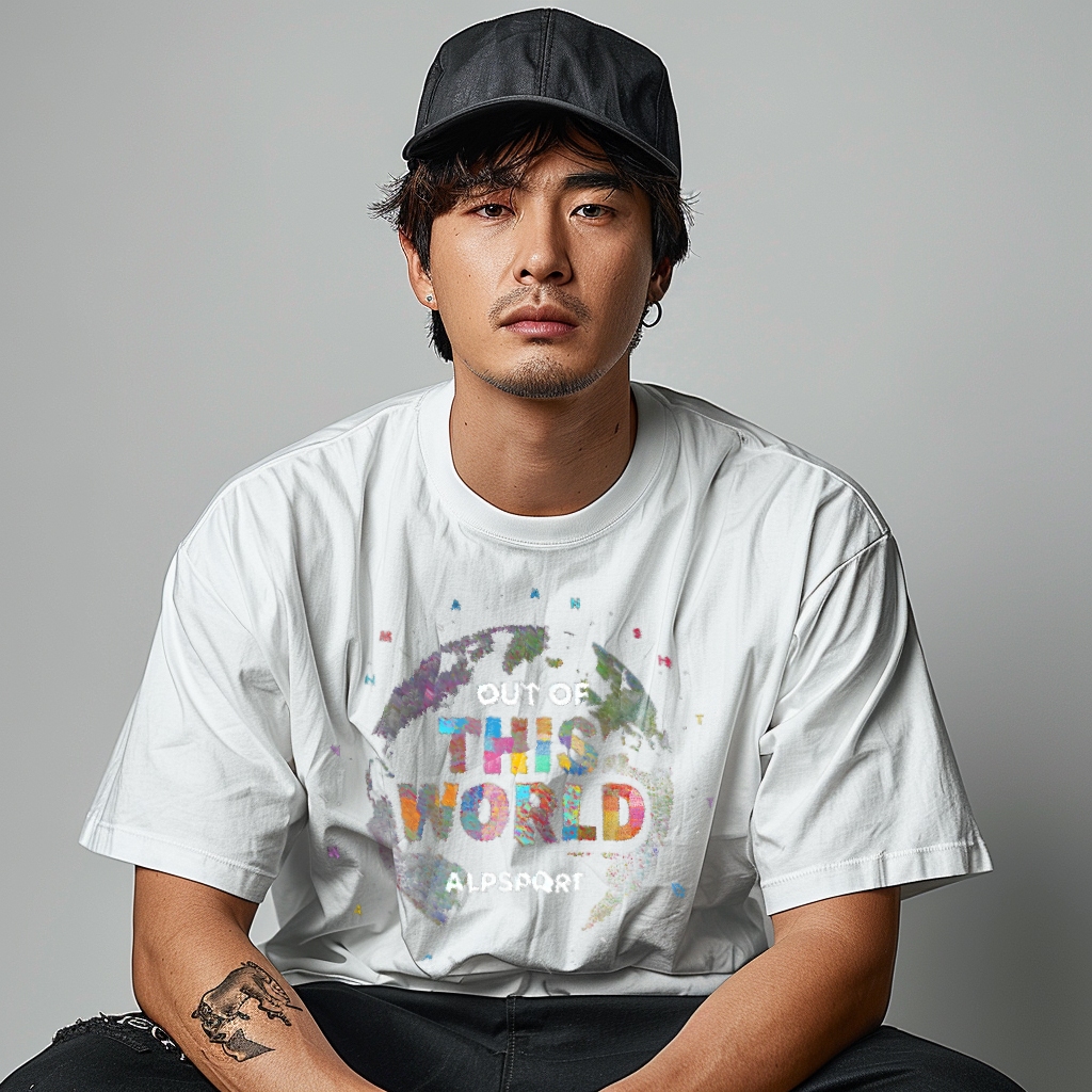 Alp OUT OF THIS WORLD Oversize Men เสื้อยืดสีขาว 100% ผ้าฝ้ายแท้อเมริกัน High Street สไตล์ Drop-Shou