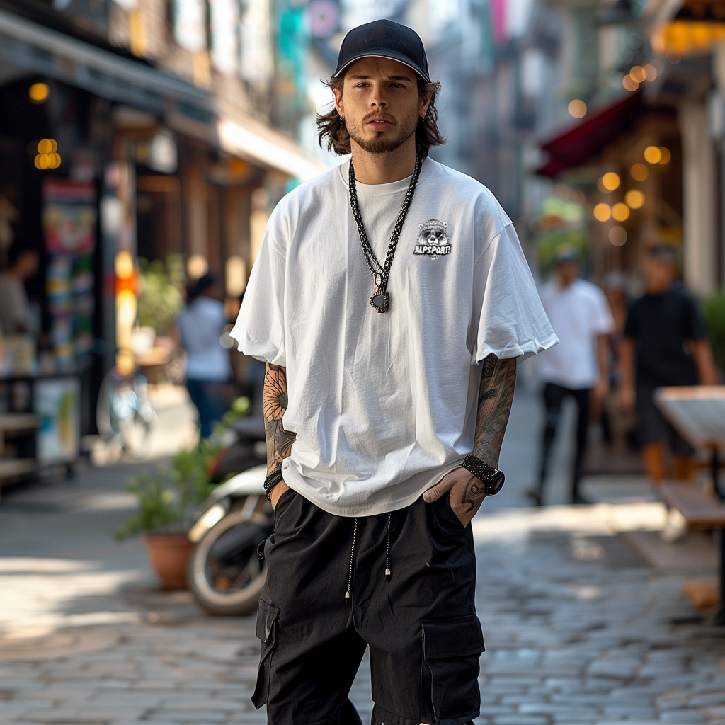 Alp ALPACA Oversize Men เสื้อยืดสีขาว 100% ผ้าฝ้ายแท้อเมริกัน High Street สไตล์ Drop-Shoulder Origin