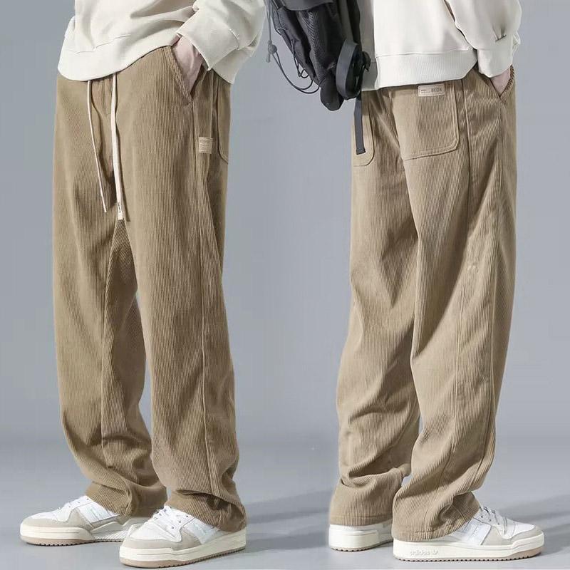 ผู ้ ชาย Casual Corduroy กางเกงสไตล ์ เกาหลี Baggy กางเกงขายาว Slock Plain Basic Drawstring การติดฉลากชั ้ นตรงกางเกงหลวมผู ้ ชาย