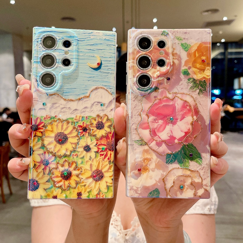 บลูเรย์ ดอกทานตะวัน ซองโทรศัพท์ Samsung Galaxy S24 Ultra S24 Plus S24 S23 Ultra S23 Plus S23 S22Ultra S22Plus S22 Case เคสโทรศัพท์ใหม่ IMD ป้องกันการตก เคสมือถือซัมซุง
