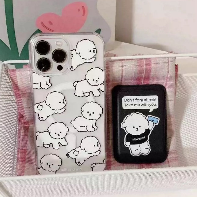 น่ารักสีดําและสีขาว Bichon Frise puppy กระเป๋าสตางค์ผู้ถือบัตรเหมาะสําหรับ iPhone 15pro 15promax 14 14promax 14 pro soft case