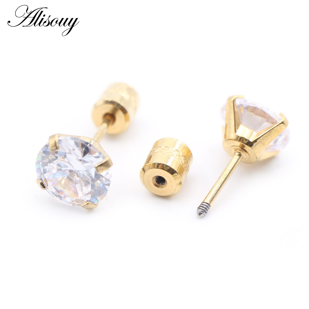 Alisouy 2PCS ผ่าตัดสแตนเลส 4 Prong Double Zircon CZ ผู้หญิงผู้ชายสาวหูสตั๊ดกระดูกอ่อนสกรูต่างหูเจาะเครื่องประดับ