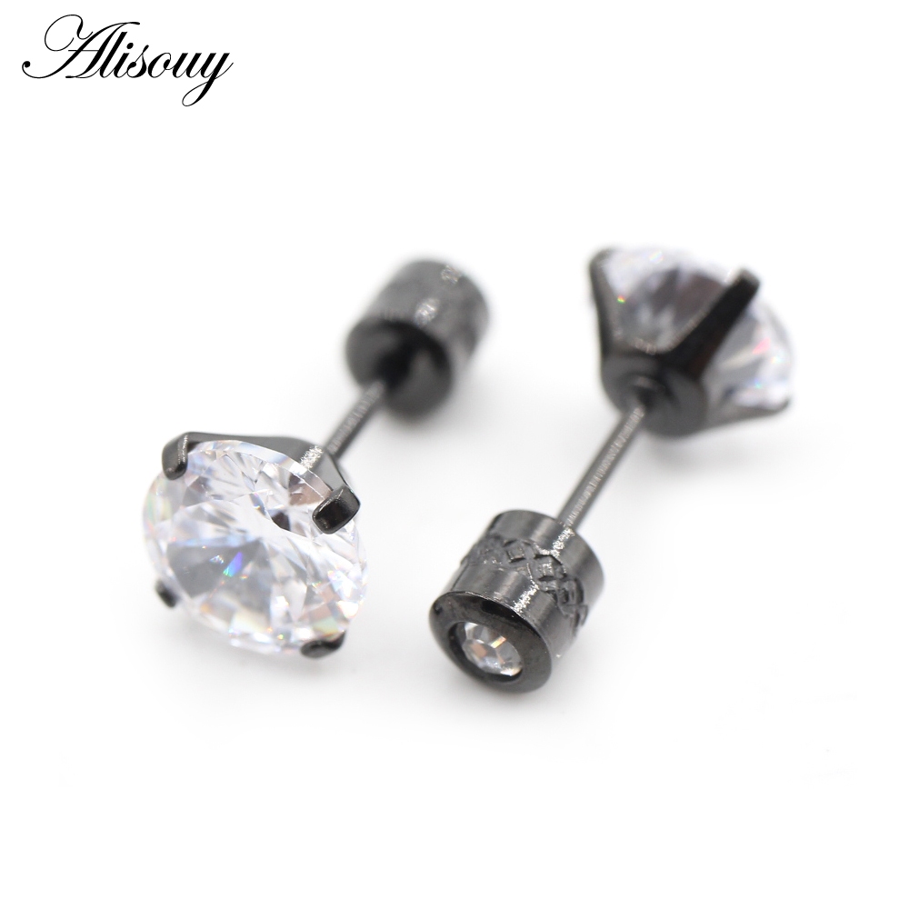 Alisouy 2PCS ผ่าตัดสแตนเลส 4 Prong Double Zircon CZ ผู้หญิงผู้ชายสาวหูสตั๊ดกระดูกอ่อนสกรูต่างหูเจาะเครื่องประดับ