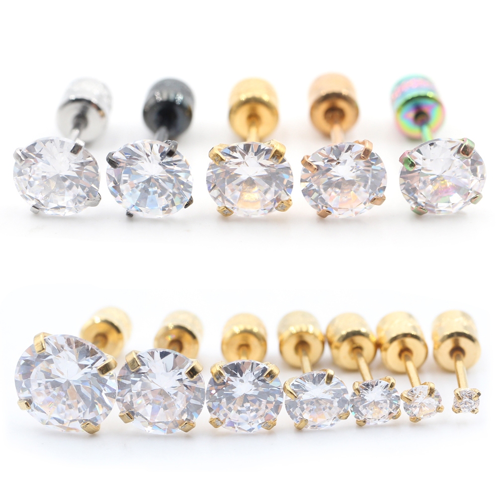 Alisouy 2PCS ผ่าตัดสแตนเลส 4 Prong Double Zircon CZ ผู้หญิงผู้ชายสาวหูสตั๊ดกระดูกอ่อนสกรูต่างหูเจาะเครื่องประดับ