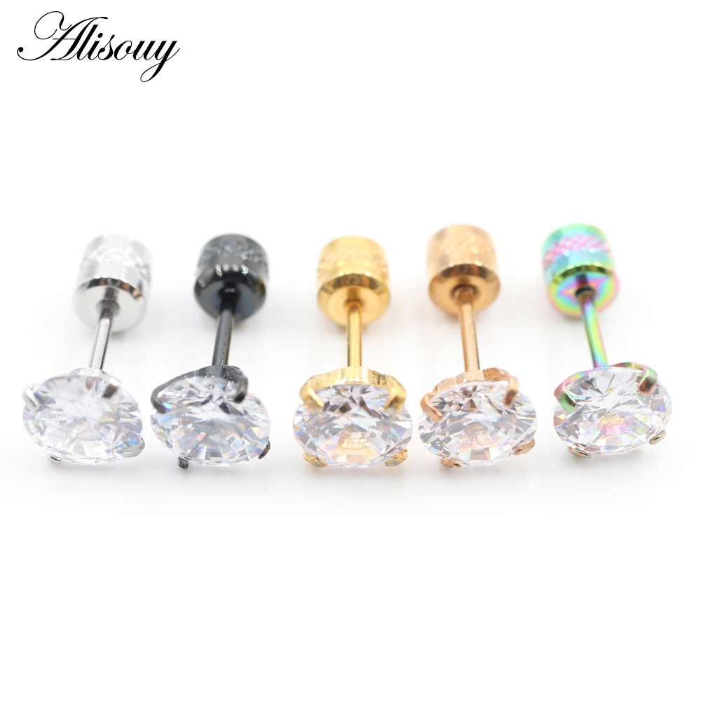 Alisouy 2PCS ผ่าตัดสแตนเลส 4 Prong Double Zircon CZ ผู้หญิงผู้ชายสาวหูสตั๊ดกระดูกอ่อนสกรูต่างหูเจาะเครื่องประดับ