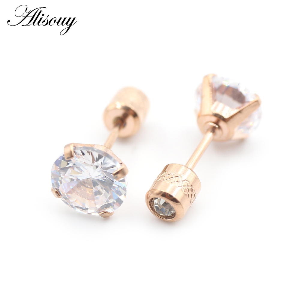 Alisouy 2PCS ผ่าตัดสแตนเลส 4 Prong Double Zircon CZ ผู้หญิงผู้ชายสาวหูสตั๊ดกระดูกอ่อนสกรูต่างหูเจาะเครื่องประดับ