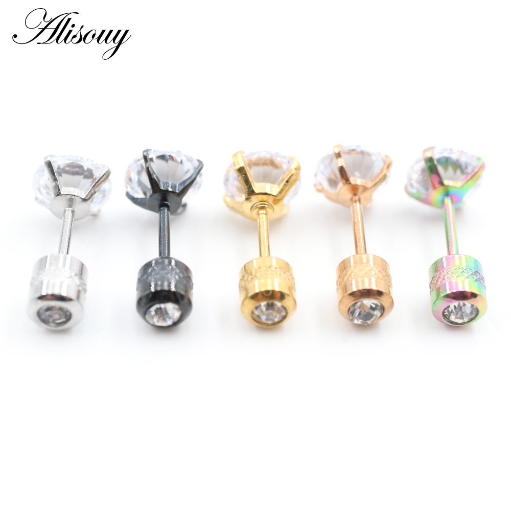 Alisouy 2PCS ผ่าตัดสแตนเลส 4 Prong Double Zircon CZ ผู้หญิงผู้ชายสาวหูสตั๊ดกระดูกอ่อนสกรูต่างหูเจาะเครื่องประดับ