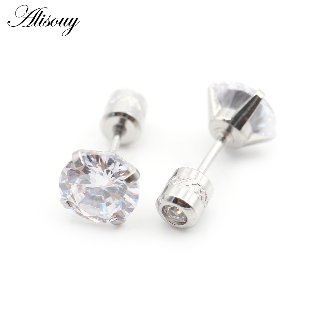 Alisouy 2PCS ผ่าตัดสแตนเลส 4 Prong Double Zircon CZ ผู้หญิงผู้ชายสาวหูสตั๊ดกระดูกอ่อนสกรูต่างหูเจาะเครื่องประดับ