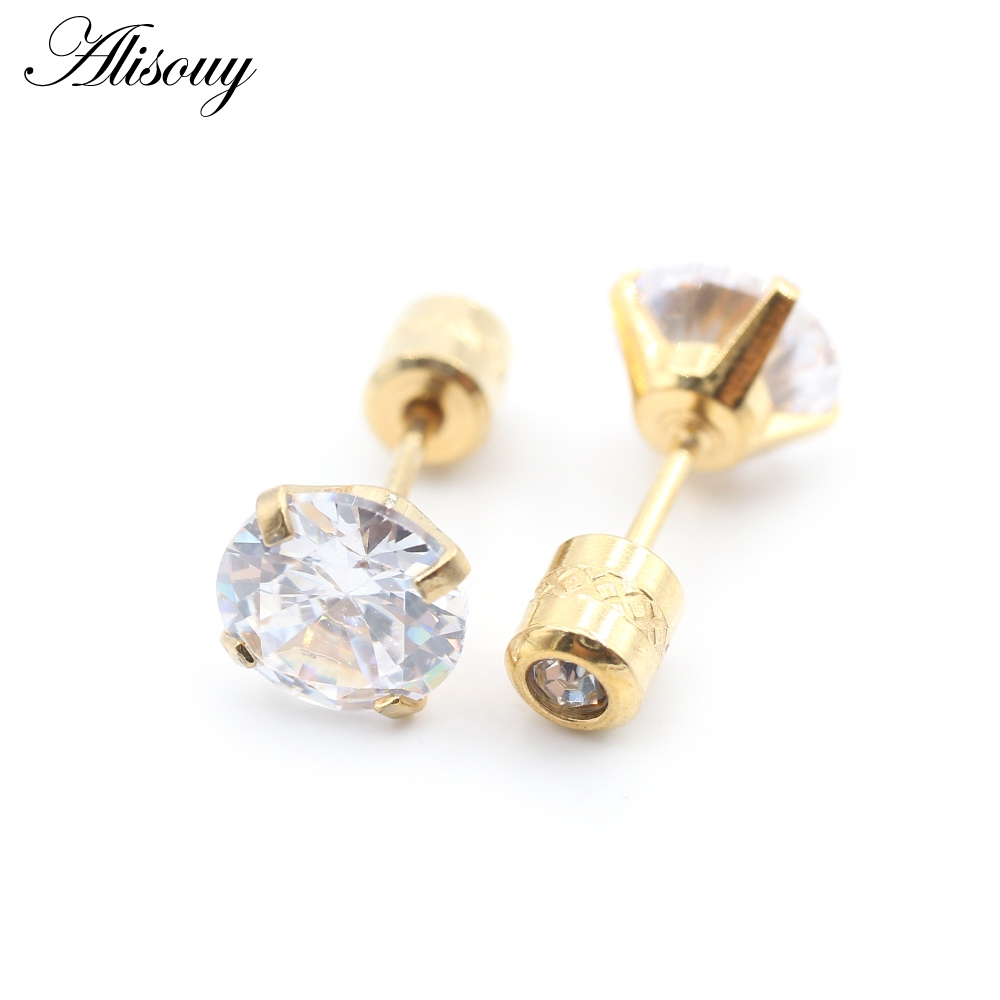 Alisouy 2PCS ผ่าตัดสแตนเลส 4 Prong Double Zircon CZ ผู้หญิงผู้ชายสาวหูสตั๊ดกระดูกอ่อนสกรูต่างหูเจาะเครื่องประดับ