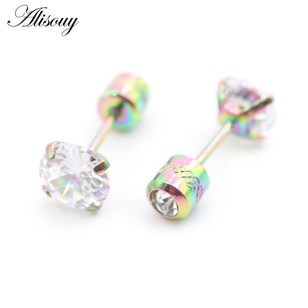 Alisouy 2PCS ผ่าตัดสแตนเลส 4 Prong Double Zircon CZ ผู้หญิงผู้ชายสาวหูสตั๊ดกระดูกอ่อนสกรูต่างหูเจาะเครื่องประดับ