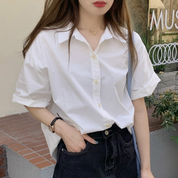 เสื้อเชิ้ตผู้หญิงเสื้อยืดแขนสั้นธรรมดาธุรกิจ ชุดทํางาน สวมใส่เสื้อ