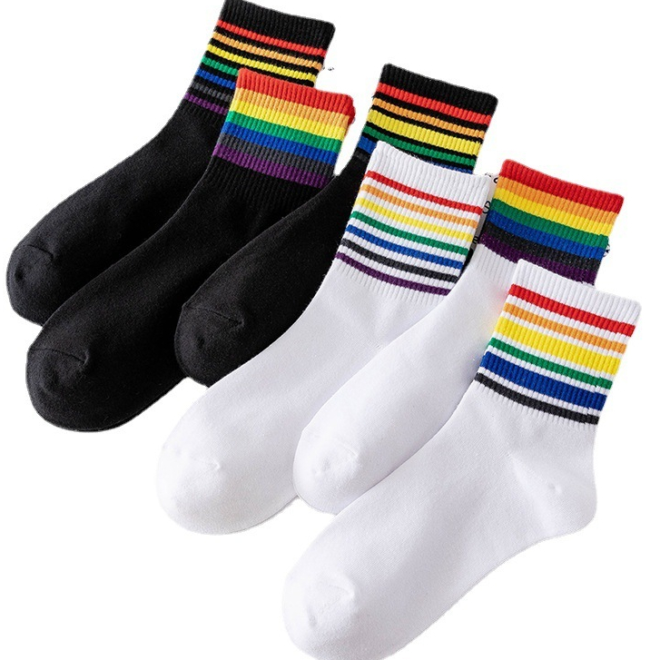 Rainbow ผู้หญิงถุงเท้าฤดูร้อนบางน่ารักญี่ปุ่นสูงหลอดถุงเท้าผ้าฝ้ายลายกีฬาลมถุงเท้า
