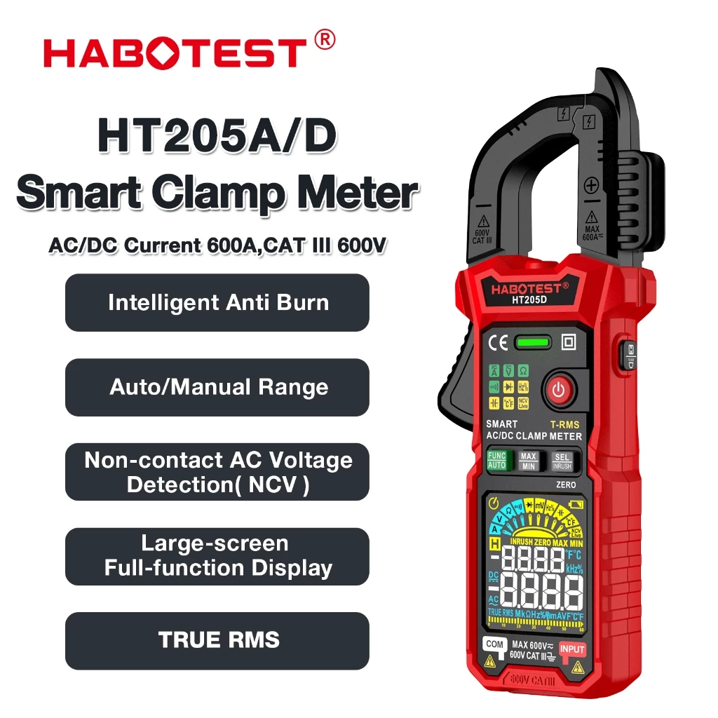 【จัดส่งจากกรุงเทพ】HABOTEST HT205 ดิจิตอลแคลมป์มิเตอร์ แคลมป์มิเตอร์ 600A AC/DC กระแสไฟ และ 600V AC DC ทดสอบแรงดันไฟฟ้า โอห์ม ความต่อเนื่อง Hz