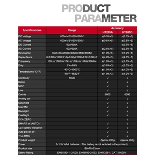 【จัดส่งจากกรุงเทพ】HABOTEST HT205 ดิจิตอลแคลมป์มิเตอร์ แคลมป์มิเตอร์ 600A AC/DC กระแสไฟ และ 600V AC DC ทดสอบแรงดันไฟฟ้า โอห์ม ความต่อเนื่อง Hz